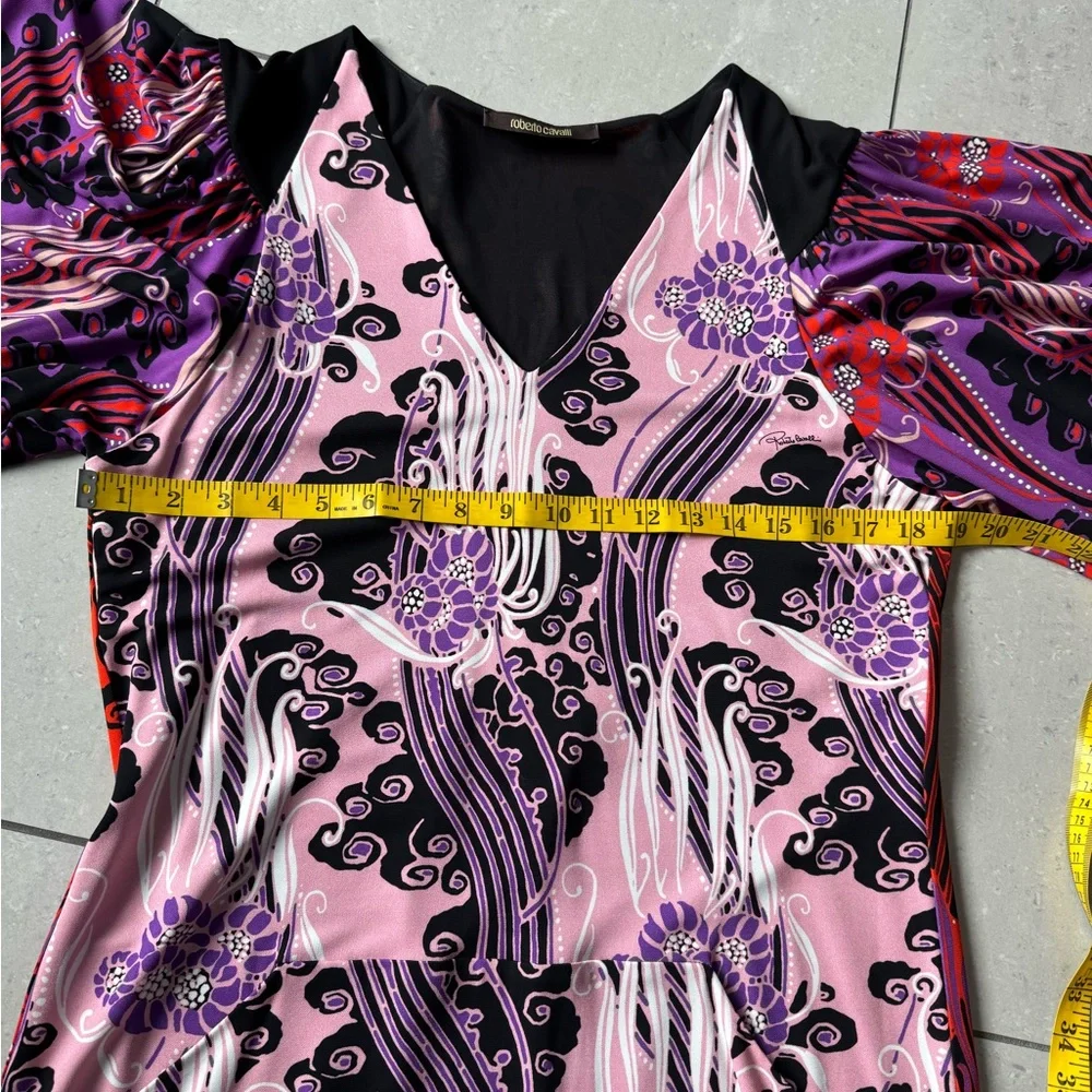 Roberto Cavalli Pink, Black & Purple Printed V-Neck Dress - Picture 6 of 10